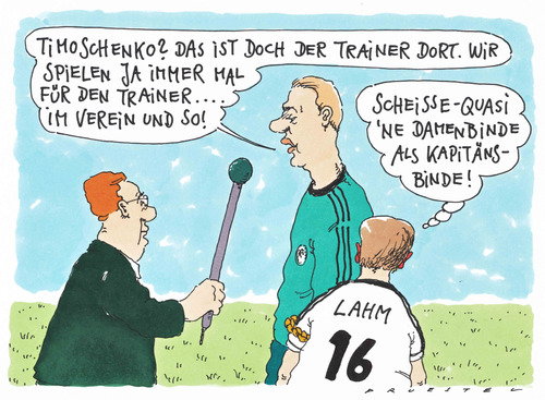 Cartoon: fußball-politiker (medium) by Andreas Prüstel tagged kapitänsbinde,mannschaftskapitän,lahm,neuer,nationalmannschaft,tinoschenko,ukraine,fußballem,fußballem,ukraine,tinoschenko,nationalmannschaft