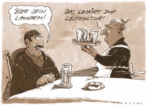 Cartoon: gasthaus (medium) by Andreas Prüstel tagged deutsch,türkisch,bier,kneipe,deutsch,deutschland,türkisch,türke,bier,kneipe,bar,lauwarm,warm,gastronomie,bestellung,gast,service,bedienung,kellnerin,ober,einwanderer,ausländer,integration,zuwanderung,immigranten,immigration,kultur,integrieren