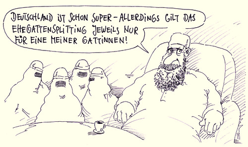 Cartoon: gattinnen (medium) by Andreas Prüstel tagged muslim,islam,deutschland,polygamie,ehe,ehegattensplitting,cartoon,karikatur,andreas,pruestel,muslim,islam,deutschland,polygamie,ehe,ehegattensplitting,cartoon,karikatur,andreas,pruestel