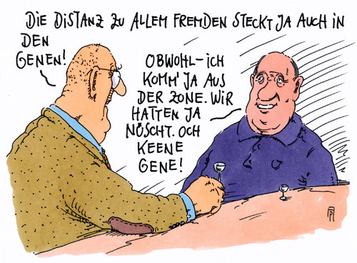 Cartoon: genetisch (medium) by Andreas Prüstel tagged gene,genetisch,fremde,fremdenfeindlichkeit,distanz,ostdeutschland,ddr,zone,cartoon,karikatur,andreas,pruestel,gene,genetisch,fremde,fremdenfeindlichkeit,distanz,ostdeutschland,ddr,zone,cartoon,karikatur,andreas,pruestel