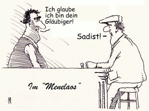 Cartoon: gläubiger (medium) by Andreas Prüstel tagged griechenlaqnd,schuldenkrise,eu,euro,europa,wirt,gast,restaurant,gläubiger,sadist,varofakis,ausspruch,menelaos,cartoon,karikatur,andreas,pruestel,griechenlaqnd,schuldenkrise,eu,euro,europa,wirt,gast,restaurant,gläubiger,sadist,varofakis,ausspruch,menelaos,cartoon,karikatur,andreas,pruestel