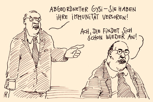 Cartoon: gregor gysi (medium) by Andreas Prüstel tagged gregor,gysilinksfraktionschef,ermittlungsverfahren,abgeordnetenimmunität,karikatur,cartoon,gregor,gysilinksfraktionschef,ermittlungsverfahren,abgeordnetenimmunität,karikatur,cartoon