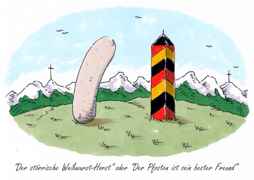 Cartoon: grenz-idyll (medium) by Andreas Prüstel tagged innenminister,seehofer,csu,masterplan,asylstreit,kanzlerin,merkel,weißwurst,grenze,cartoon,karikatur,innenminister,seehofer,csu,masterplan,asylstreit,kanzlerin,merkel,weißwurst,grenze,cartoon,karikatur