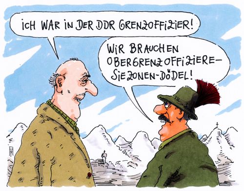 Cartoon: grenzoffizier (medium) by Andreas Prüstel tagged pruestel,andreas,karikatur,cartoon,zone,ddr,obergrenze,flüchtlingspolitik,grenzoffizier,bayern,csu,flüchtlingspolitik,obergrenze,csu,bayern,grenzoffizier,ddr,zone,cartoon,karikatur,andreas,pruestel