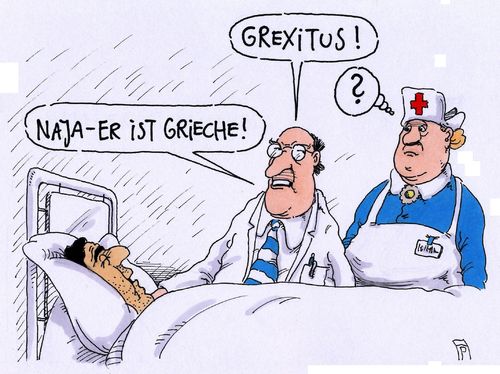 Cartoon: grexit (medium) by Andreas Prüstel tagged griechenland,grexit,staatsverschuldung,eu,euro,exitus,tod,krankenhaus,grieche,arzt,krankenschwester,cartoon,karikatur,andreas,pruestel,griechenland,grexit,staatsverschuldung,eu,euro,exitus,tod,krankenhaus,grieche,arzt,krankenschwester,cartoon,karikatur,andreas,pruestel