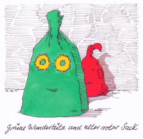 Cartoon: grün-rot (medium) by Andreas Prüstel tagged grüne,parteitag,koalitionsaussage,wahlversprechen,spd,koalitionspartner,wundertüte,sack,grüne,parteitag,koalitionsaussage,wahlversprechen,spd,koalitionspartner,wundertüte,sack