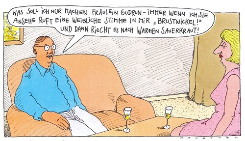 Cartoon: gudrun (medium) by Andreas Prüstel tagged innerestimme,date,brustwickel,sauerkraut,date,sauerkraut,essen,liebe,partnersuche,flirt