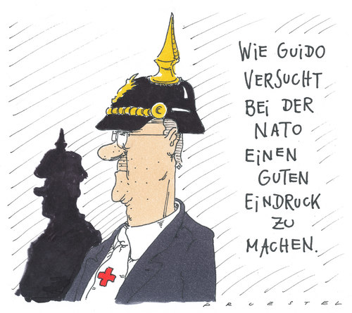 Cartoon: guido klug (medium) by Andreas Prüstel tagged libyenkonflikt,nato,außenministertreffen,westerwelle,libyen,bürgerkrieg,westen,einsatz,militär,nato,flugverbot,un,resolution,deutschland,enthaltung,westerwelle