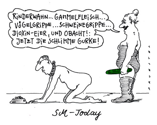 Cartoon: gurkenzeit (medium) by Andreas Prüstel tagged spanien,salatgurken,infektion,ehec,ehec,infektion,salatgurken,spanien,gurke,durchfall,gesundheit,krankheit