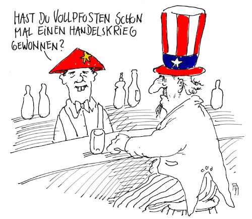 Cartoon: handelskrieger (medium) by Andreas Prüstel tagged usa,china,strafzölle,handelskrieg,vollpfosten,cartoon,karikatur,andreas,pruestel,usa,china,strafzölle,handelskrieg,vollpfosten,cartoon,karikatur,andreas,pruestel