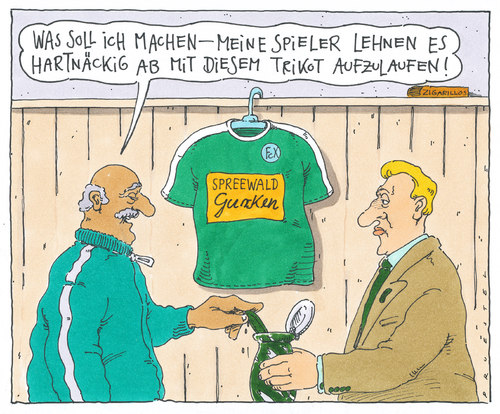 Cartoon: hauptsponsor (medium) by Andreas Prüstel tagged fußball,trikot,trikotwerbung,sponsoring,hauptsponsor,gurken,spreewald,fußball,trikotwerbung,sponsor,spreewald,gurken,sport