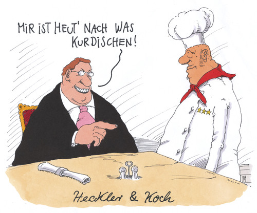 Cartoon: heckler und koch (medium) by Andreas Prüstel tagged irak,kurden,peshmerga,waffenlieferungen,deutschland,isis,is,heckler,und,koch,gewehre,machinenpistolen,automatische,waffen,schnellfeuergewehre,dreisternekoch,cartoon,karikatur,andreas,pruestel,irak,kurden,peshmerga,waffenlieferungen,deutschland,isis,is,heckler,und,koch,gewehre,machinenpistolen,automatische,waffen,schnellfeuergewehre,dreisternekoch,cartoon,karikatur,andreas,pruestel