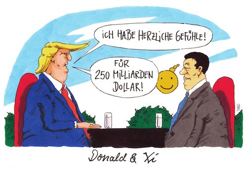 Cartoon: herzlichst (medium) by Andreas Prüstel tagged usa,china,trump,xi,jinping,staatsbesuch,wirtschaftsabkommen,cartoon,karikatur,andreas,pruestel,usa,china,trump,xi,jinping,staatsbesuch,wirtschaftsabkommen,cartoon,karikatur,andreas,pruestel