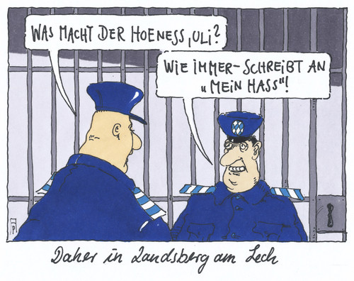 Cartoon: hoeneß in landsberg (medium) by Andreas Prüstel tagged uli,hoeneß,fc,bayern,münchen,fußball,steuerhinterziehung,haftstrafe,gefängnis,landsberg,am,lech,adolf,hitler,mein,kampf,cartoon,karikatur,andreas,pruestel,uli,hoeneß,fc,bayern,münchen,fußball,steuerhinterziehung,haftstrafe,gefängnis,landsberg,am,lech,adolf,hitler,mein,kampf,cartoon,karikatur,andreas,pruestel