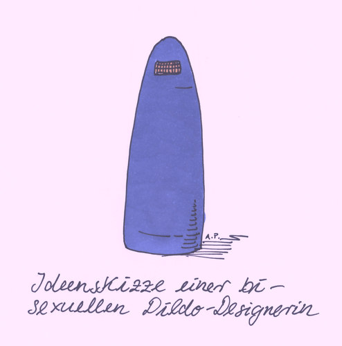 Cartoon: ideenskizze (medium) by Andreas Prüstel tagged idee,ideenskizze,kreativität,design,designerin,bisexuell,dildo,burka,islam,muslima