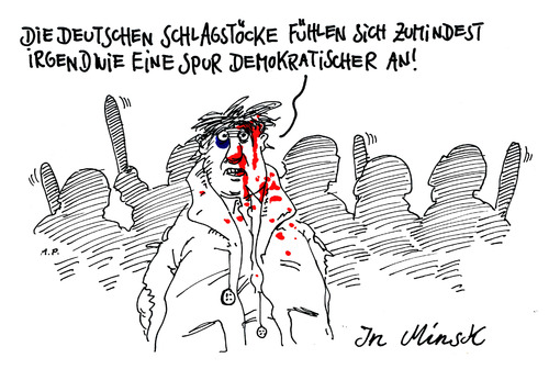 Cartoon: in minsk (medium) by Andreas Prüstel tagged polizeiausrüstung,weißrussland,schlagstöcke,diktatur,deutschehilfe,minsk,weißrussland,polizeiausrüstung,deutschehilfe,diktatur,schlagstöcke,minsk