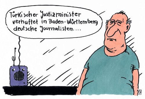 Cartoon: justizminister (medium) by Andreas Prüstel tagged türkischer,justizminister,propagandaauftritt,präsidialsystem,erdogan,pressefreiheit,journalisten,yücel,baden,württemberg,cartoon,karikatur,andreas,pruestel,türkischer,justizminister,propagandaauftritt,präsidialsystem,erdogan,pressefreiheit,journalisten,yücel,baden,württemberg,cartoon,karikatur,andreas,pruestel