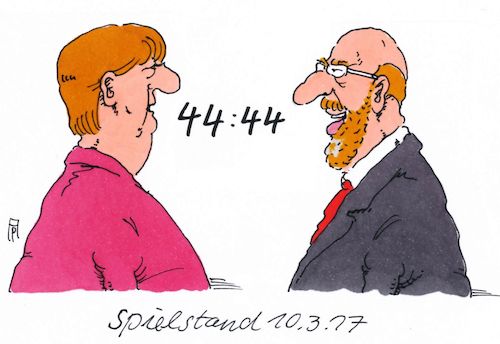 Cartoon: k-frage (medium) by Andreas Prüstel tagged politbarometer,umfragewerrte,kanzlerkandidaten,merkel,schulz,cartoon,karikatur,andreas,pruestel,politbarometer,umfragewerrte,kanzlerkandidaten,merkel,schulz,cartoon,karikatur,andreas,pruestel