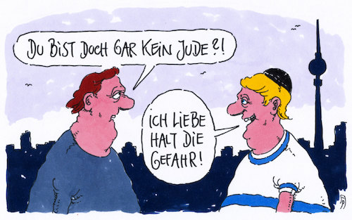 Cartoon: kein jude (medium) by Andreas Prüstel tagged antisemitismus,deutschland,berlin,juden,kippa,angriffe,cartoon,karikatur,andreas,pruestel,antisemitismus,deutschland,berlin,juden,angriffe,cartoon,karikatur,andreas,pruestel