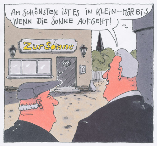 Cartoon: klein-mörbis (medium) by Andreas Prüstel tagged dorf,dorfkneipe,sonne,sonnenaufgang,dorf,dorfkneipe,sonne,sonnenaufgang