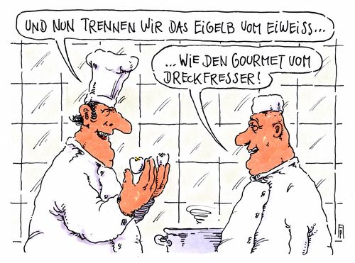 Cartoon: köche (medium) by Andreas Prüstel tagged koch,köche,kochen,eier,eigelb,eiweiß,gourmet,dreckfresser,cartoon,karikatur,andreas,pruestel,koch,köche,kochen,eier,eigelb,eiweiß,gourmet,dreckfresser,cartoon,karikatur,andreas,pruestel