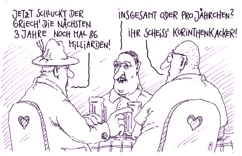 Cartoon: korinthenkacker (medium) by Andreas Prüstel tagged griechenland,schuldenkrise,neues,hilfspaket,geldgeber,eu,europa,euro,stammtisch,deutschland,korinthenkacker,korinthen,cartoon,karikatur,andreas,pruestel,griechenland,schuldenkrise,neues,hilfspaket,geldgeber,eu,europa,euro,stammtisch,deutschland,korinthenkacker,korinthen,cartoon,karikatur,andreas,pruestel