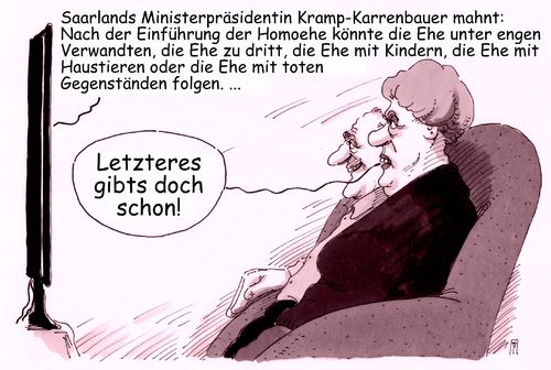 Cartoon: kramp-karrenbauer (medium) by Andreas Prüstel tagged saarland,ministerpräsidentin,kramp,karrenbauer,cdu,homohe,ehe,ehevarianten,nachrichten,tv,ehepaar,cartoon,karikatur,andreas,pruestel,saarland,ministerpräsidentin,kramp,karrenbauer,cdu,homohe,ehe,ehevarianten,nachrichten,tv,ehepaar,cartoon,karikatur,andreas,pruestel