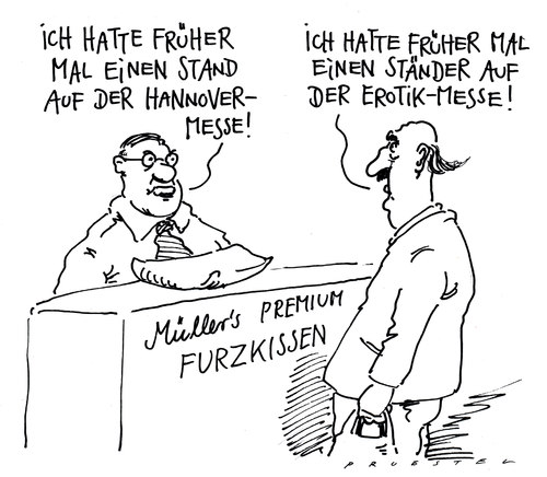 Cartoon: kundengespräch (medium) by Andreas Prüstel tagged verkaufstand,hanovermesse,erotikmesse,furzkissen,verkaufstand,hanover messe,erotikmesse,furzkissen,hanover,messe