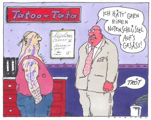 Cartoon: musi (medium) by Andreas Prüstel tagged tatoos,körpergeräusche,cartoon,kultur,tradition,tätowierung,tattoo,tätowieren,tätowierer,handel,verkauf,dienstleistung,job,arbeit,körper,körperschmuck,body modification,schmuck,notenschlüssel,musik,note,gesäss,arsch,po,kunde,wunsch,motiv,bildmotiv,blähung,blähungen,furzen,pupsen,gas,natur,body,modification