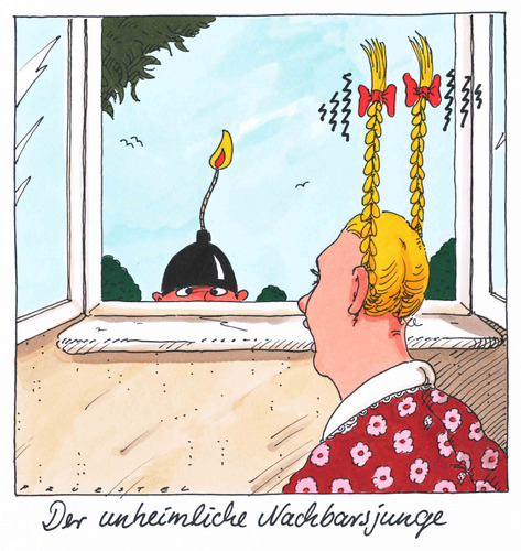 Cartoon: nachbarsjunge (medium) by Andreas Prüstel tagged kinder,erschrecken,nachbarsjunge,bombenattrappe,kinder,erschrecken,bombe,streich,bombenattrappe