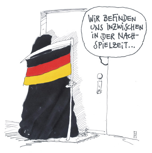 Cartoon: nachspielzeit (medium) by Andreas Prüstel tagged fußball,fußballweltmeisterschaft,nationalismus,fans,flagge,tod,spielzeit,fanutensilien,ableben,deutschland,cartoon,karikatur,andreas,pruestel,fußball,fußballweltmeisterschaft,nationalismus,fans,flagge,tod,spielzeit,fanutensilien,ableben,deutschland,cartoon,karikatur,andreas,pruestel