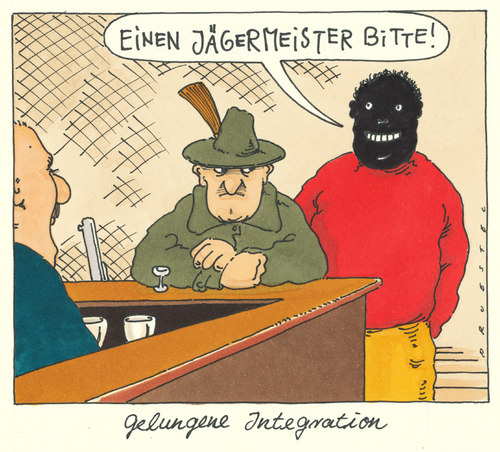 Cartoon: national (medium) by Andreas Prüstel tagged integration,nationalfarben,jäger,jägermeister,kräuterschnaps,kneipe,migrant,integration,nationalfarben,jäger,jägermeister,kräuterschnaps,kneipe,migrant