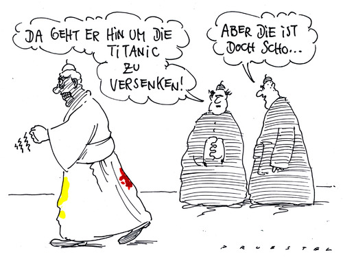 Cartoon: nervöser papst (medium) by Andreas Prüstel tagged titanic,kunstfreiheit,satire,satiremagazin,klage,ratzinger,papst,papst,ratzinger,klage,satiremagazin,satire,kunstfreiheit,titanic