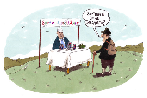 Cartoon: neudeutsch (medium) by Andreas Prüstel tagged sprache,deutsch,neudeutsch,wandern,verkauf,verkaufstand,kugellager,kugelläger,bedarf,bedarfe,cartoon,karikatur,andreas,pruestel,sprache,deutsch,neudeutsch,wandern,verkauf,verkaufstand,kugellager,kugelläger,bedarf,bedarfe,cartoon,karikatur,andreas,pruestel