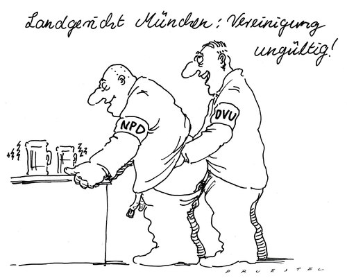 Cartoon: npddvu (medium) by Andreas Prüstel tagged npd,dvu,vereinigung,gerichtsbeschluß,npd,dvu,vereinigung,gerichtsbeschluß,justiz