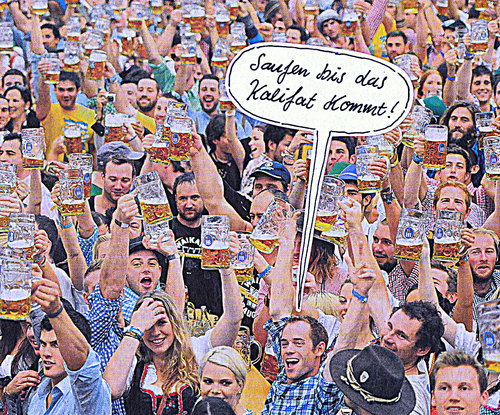 Cartoon: O zapft IS! (medium) by Andreas Prüstel tagged oktoberfest,münchen,wiesen,is,islamismus,kalifat,saufen,bier,cartoon,collage,andreas,pruestel