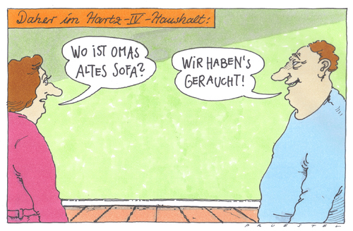 Cartoon: omas sofa (medium) by Andreas Prüstel tagged hartz4,regelsatz,regelsatzerhöhung,tabakgeldherausrechnung,hartz,arbeit,job,arbeitslos,arbeitslosigkeit,tabak,rauchen