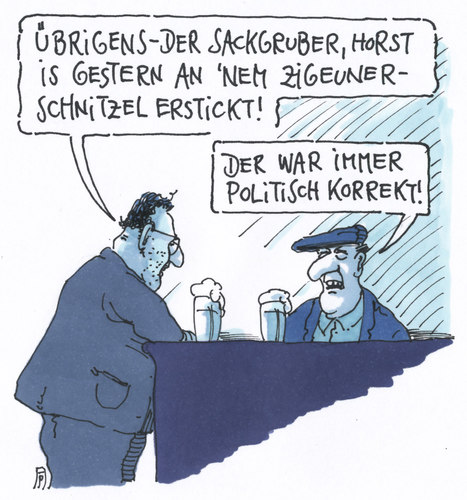 Cartoon: political correctness (medium) by Andreas Prüstel tagged politisch,korrekt,bezeichnung,minderheiten,zigeuner,zigeunerschnitzel,roma,erstickung,kneipe,gastronomie,gesellschaftliche,normen,cartoon,karikatur,andreas,pruestel