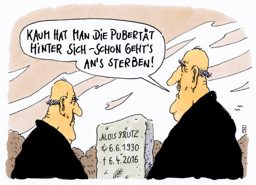 Cartoon: postpubertär (medium) by Andreas Prüstel tagged pubertät,postpubertät,männer,tod,friedhof,sterben,grabstein,cartoon,karikatur,andreas,pruestel,pubertät,postpubertät,männer,tod,friedhof,sterben,grabstein,cartoon,karikatur,andreas,pruestel