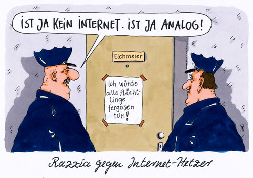 Cartoon: razzia (medium) by Andreas Prüstel tagged internet,hetze,hasskommentare,rechtsradikale,flüchtlinge,polizei,razzien,cartoon,karikatur,andreas,pruestel,internet,hetze,hasskommentare,rechtsradikale,flüchtlinge,polizei,razzien,cartoon,karikatur,andreas,pruestel