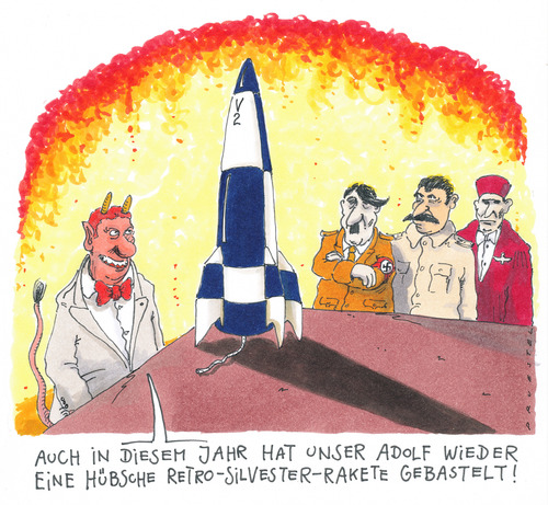 Cartoon: retro (medium) by Andreas Prüstel tagged silvester,hölle,teufel,wunderwaffe,v2,hitler,stalin,freisler,silvester,hölle,teufel,wunderwaffe,hitler,stalin,freisler