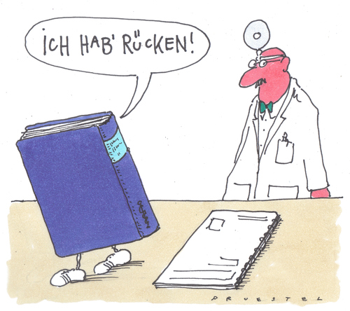 Cartoon: rücken (medium) by Andreas Prüstel tagged bücher,arzt,leiden,bücher,arzt,leiden,gesundheit,rücken,bildung,wissen,literatur,patient,praxis