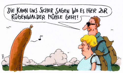 Cartoon: rügenwalder (medium) by Andreas Prüstel tagged wurst,marke,rügenwalder,mühle,wandern,cartoon,karikatur,andreas,pruestel,wurst,marke,rügenwalder,mühle,wandern,cartoon,karikatur,andreas,pruestel