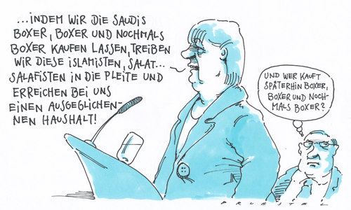 Cartoon: rüstungsexporte (medium) by Andreas Prüstel tagged haushaltskonsolidierung,boxer,radpanzer,salafisten,islamisten,saudiarabien,rüstungsexporte