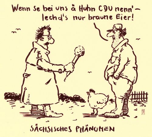 Cartoon: sachsenphänomen (medium) by Andreas Prüstel tagged sachsen,fremdenfeindlichkeit,fremdenhass,flüchtlinge,clausnitz,bautzen,cdu,landwirt,hühner,braune,eier,cartoon,karikatur,andreas,pruestel,sachsen,fremdenfeindlichkeit,fremdenhass,flüchtlinge,clausnitz,bautzen,cdu,landwirt,hühner,braune,eier,cartoon,karikatur,andreas,pruestel