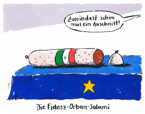 Cartoon: salamitaktik (medium) by Andreas Prüstel tagged fidesz,viktor,orban,eu,evp,wahlen,slamitaktik,cartoon,karikatur,andreas,pruestel,fidesz,viktor,orban,eu,evp,wahlen,slamitaktik,cartoon,karikatur,andreas,pruestel