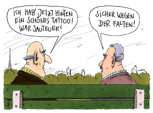 Cartoon: sauteuer (medium) by Andreas Prüstel tagged tattoo,preis,falten,alter,mode,cartoon,karikatur,andreas,pruestel,tattoo,preis,falten,alter,mode,cartoon,karikatur,andreas,pruestel