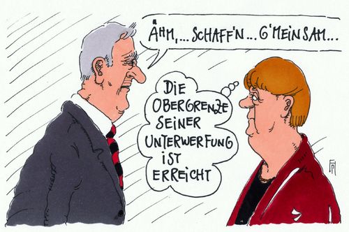 Cartoon: schaffen (medium) by Andreas Prüstel tagged seehofer,merkel,cdu,csu,union,parteitag,flüchtlingspolitik,obergrenze,cartoon,karikatur,andreas,pruestel,seehofer,merkel,cdu,csu,union,parteitag,flüchtlingspolitik,obergrenze,cartoon,karikatur,andreas,pruestel