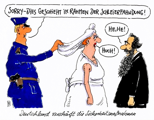 Cartoon: schleierfahndung (medium) by Andreas Prüstel tagged terroranschläge,paris,reaktionen,deutschland,sicherheitskräfte,polizei,fahndung,schleierfahndung,hochzeit,braut,schleier,cartoon,karikatur,andreas,pruestel,terroranschläge,paris,reaktionen,deutschland,sicherheitskräfte,polizei,fahndung,schleierfahndung,hochzeit,braut,schleier,cartoon,karikatur,andreas,pruestel