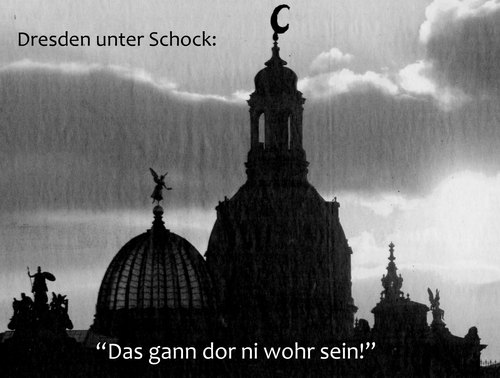 Cartoon: schock (medium) by Andreas Prüstel tagged dresden,islam,fremdenfeindlichkeit,sprengstoffanschläge,pegida,frauenkirche,cartoon,collage,andreas,pruestel